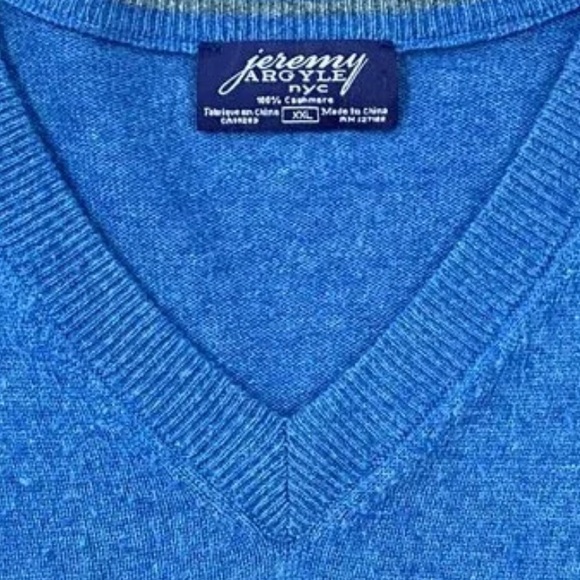 NWOT Jeremy Argyle Blue 100% Cashmere V Neck Sweater - Picture 7 of 7